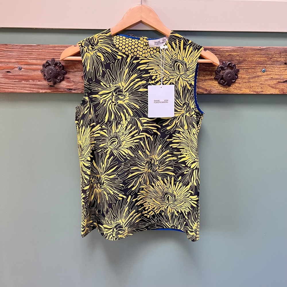 Diane von Furstenberg DVF Worsley Citron Silk Sleeveless Shell Top Yellow Size P